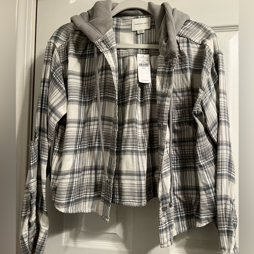 American Eagle Outfitters Gray and White Plaid Hooded Shirt